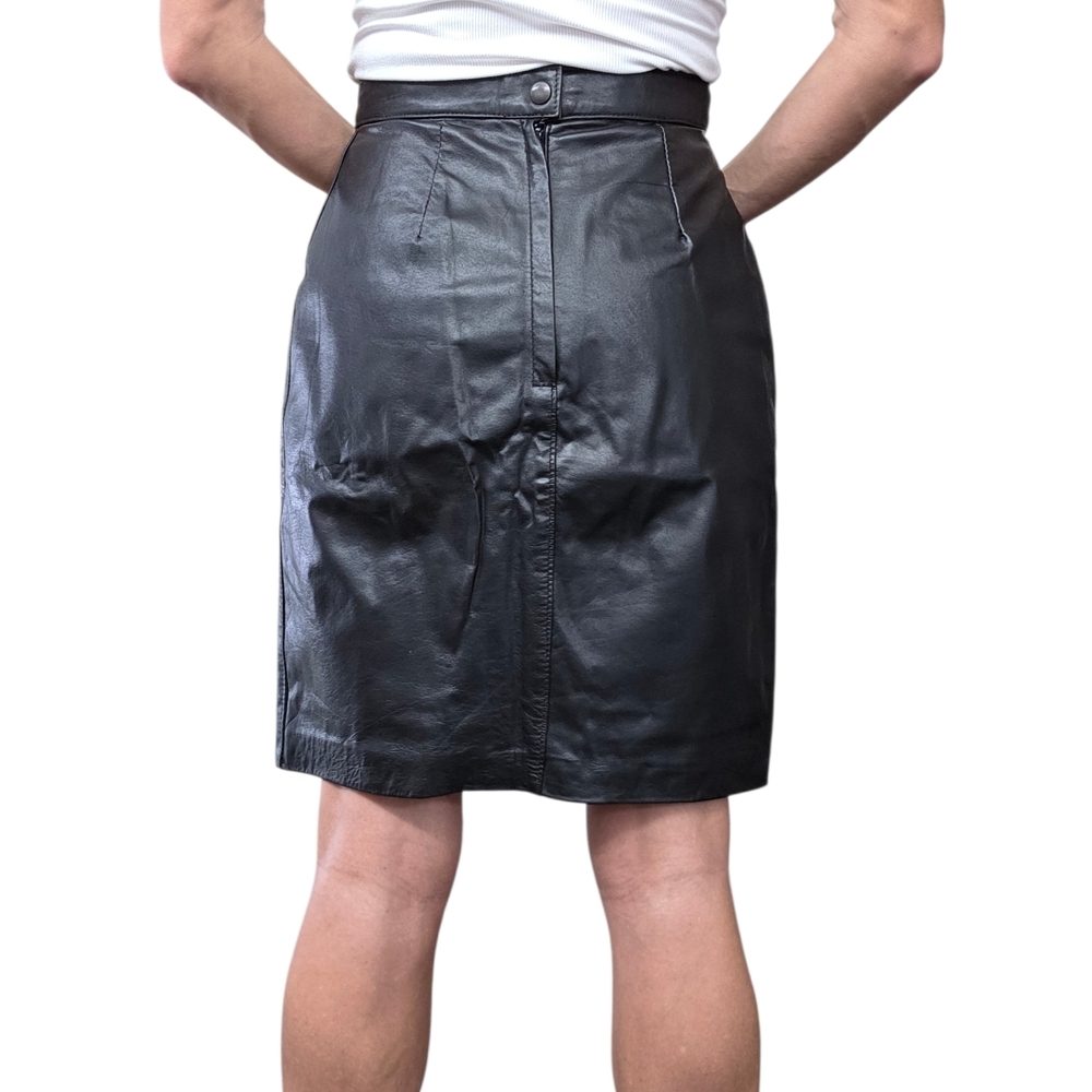 Vintage 90s Black Leather Skirt 5/6 High Waisted Mini Genuine Leather - Picture 3 of 11